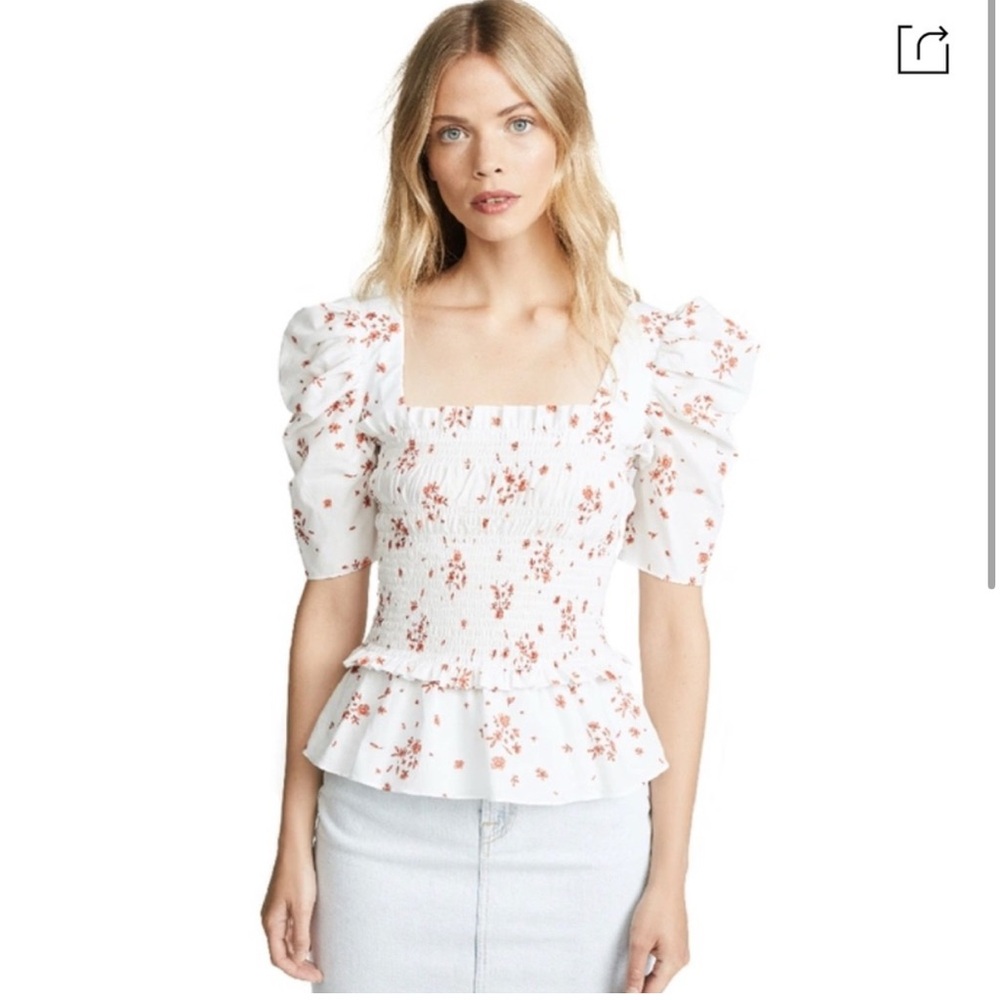 Amanda Uprichard Floral White Puff Sleeve Top